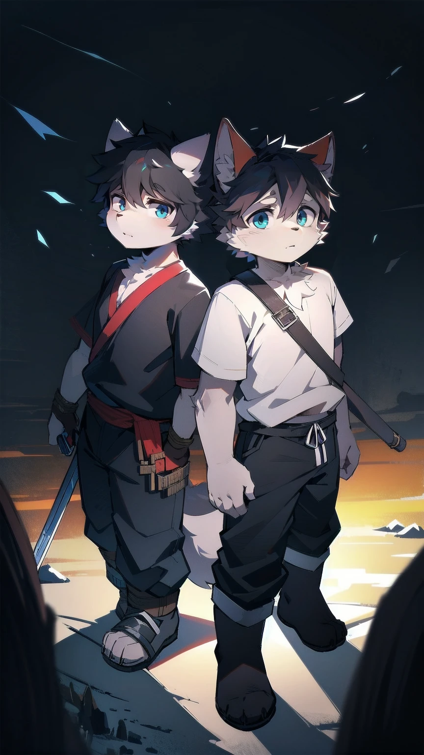 White Wolf，black hair，Sky blue eyes，hairy，Wolf ears，Wolf tail，Full body portrait，The character is in the center of the frame，Handsome，Confident eyes，male，juvenile，Black and white combat uniform，Red neck bib，Black shorts，Short sleeve，hairy arms and legs，Dark background，Dark battlefield，dawn，sunrise，dawn，illumination，shadow，Swordsman，Scabbard and sword，Hold the hilt of a sword in your hand，The scabbard is at the waist，Highest quality