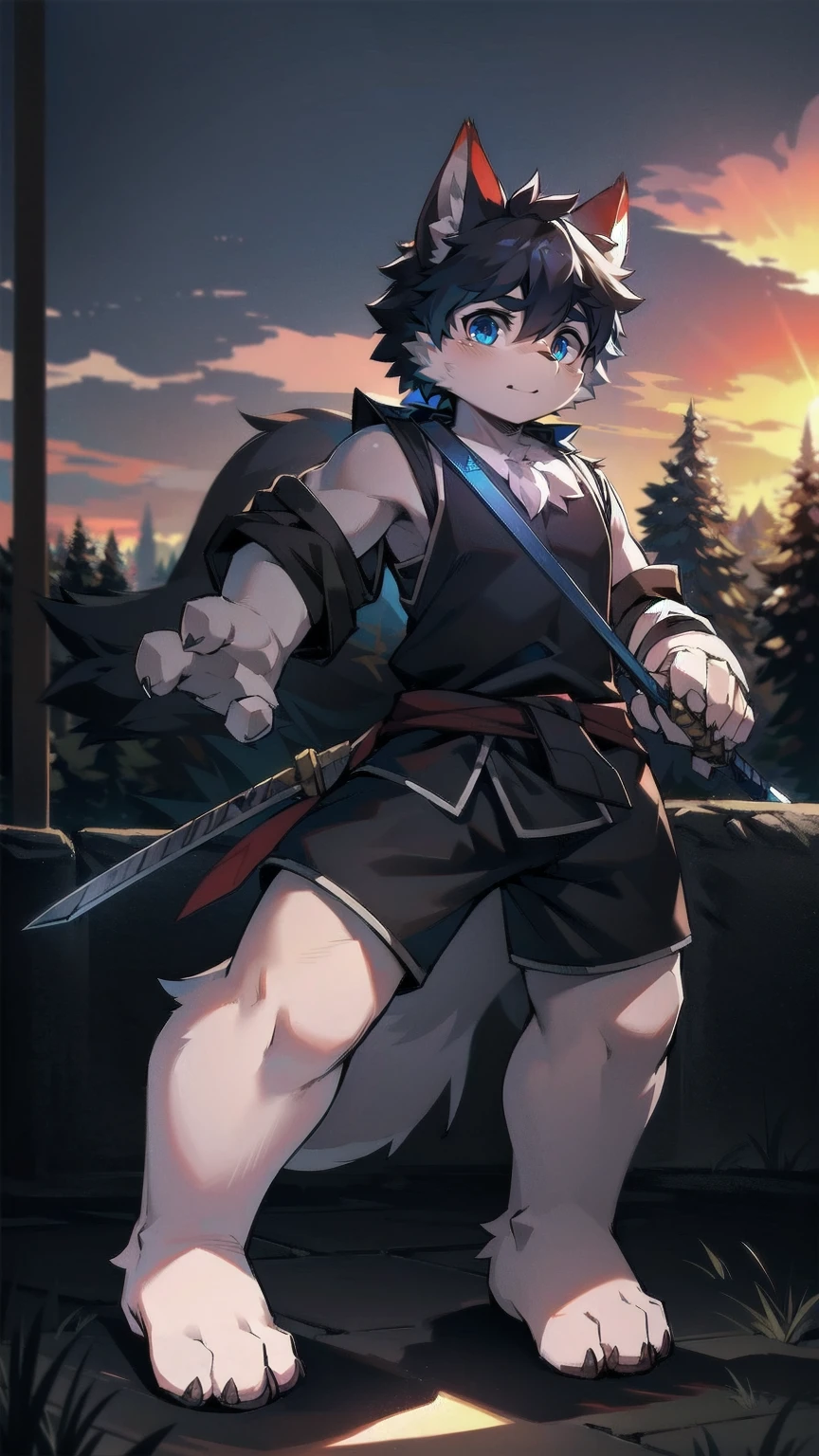 White Wolf，black hair，Sky blue eyes，hairy，Wolf ears，Wolf tail，Full body portrait，The character is in the center of the frame，Handsome，Confident eyes，male，juvenile，Black and white combat uniform，Red neck bib，Black shorts，Short sleeve，hairy arms and legs，Dark background，Dark battlefield，dawn，sunrise，dawn，illumination，shadow，Swordsman，Scabbard and sword，Hold the hilt of a sword in your hand，The scabbard is at the waist，Highest quality