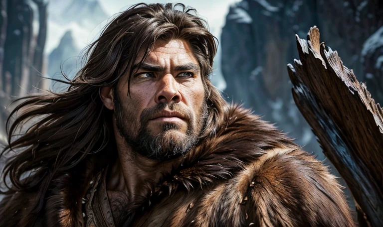 epic fantasy art, super fine illustration, High resolution, Super detailed, masterpiece, 1 male, Neanderthal, hunter, alone, adult, mature, manly, tall and muscular man, broad shoulders, (((good looking:1.5))), messy hair, black hair, ((beautiful detailed brown eyes:1.5)), square jaw, thick neck, thick eyebrows, broad nose, prehistoric background, fur wrap