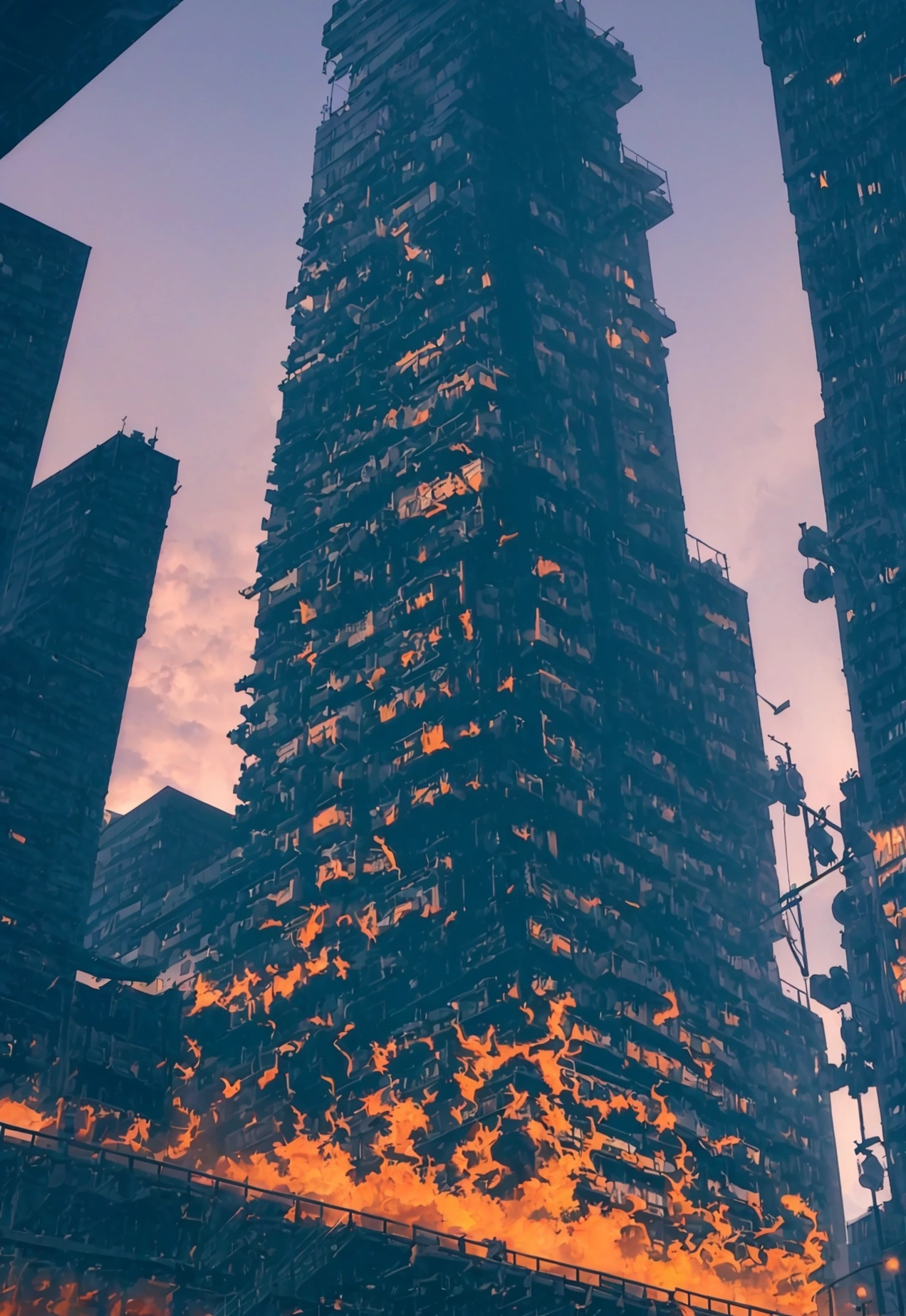 Looking up, daytime, Day scene,繁华的city View, atmosphere, number,Dramatic Lighting. Concept Art, daytime, There was a fire. There were police cars, ambulances and cordons., Artwork in the background, city View