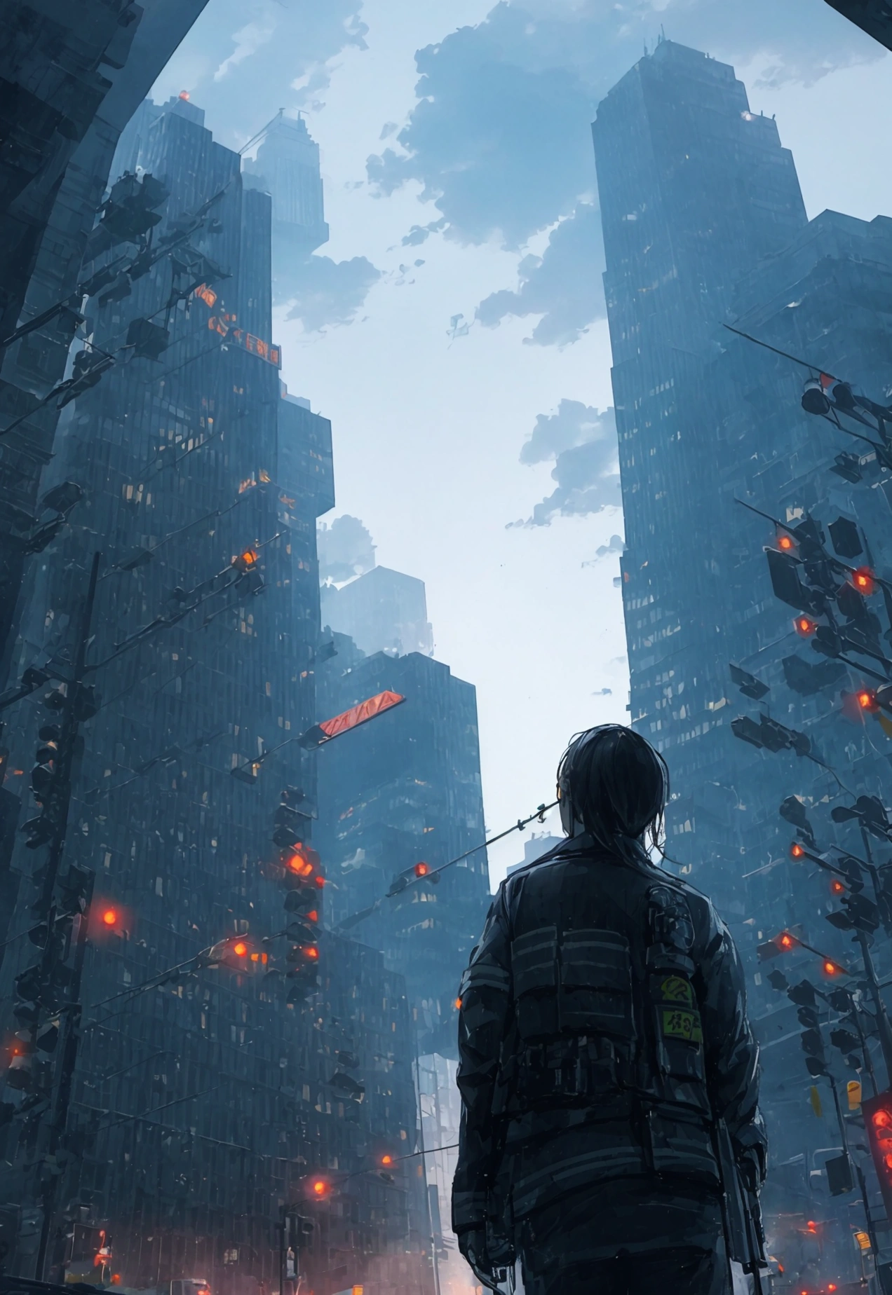 Looking up, daytime, Day scene,繁华的city View, atmosphere, number,Dramatic Lighting. Concept Art, daytime, There was a fire. There were police cars, ambulances and cordons., Artwork in the background, city View