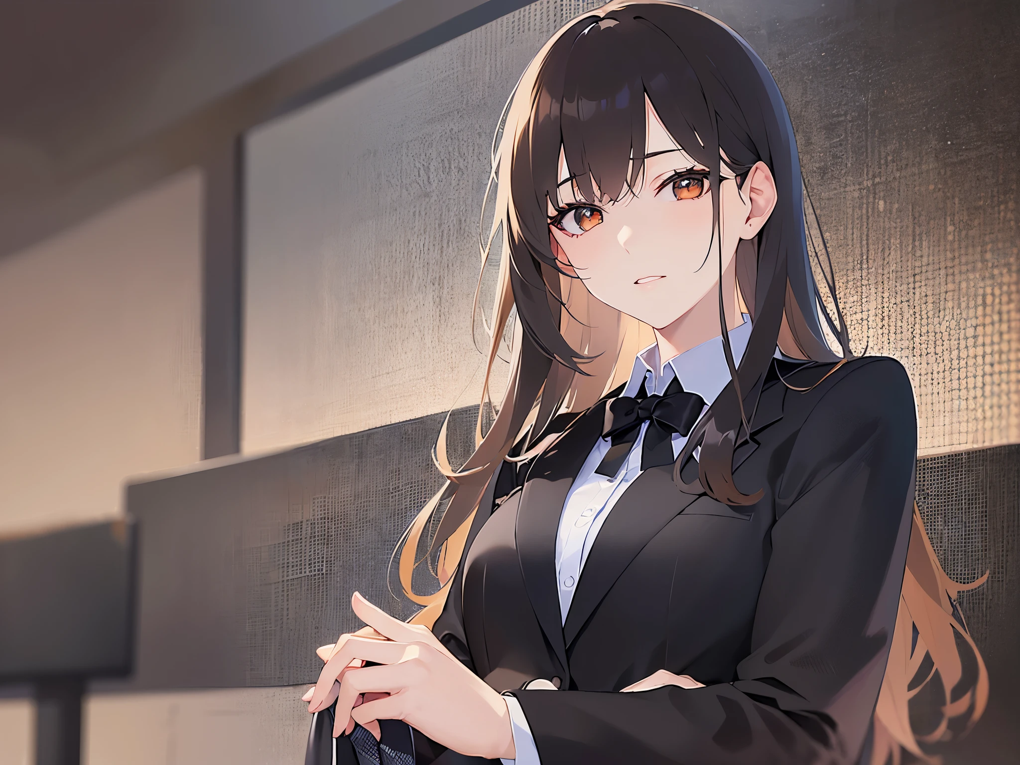 looking away,cheek rest、
Realistic, real person, (pale skin: 1.2), RAW photo, photorealistic, shiny skin, shiny hair、 (A 35-year-old woman with medium-length hair and bangs) and (wavy hair) and (brown hair) and (Orange Eyes)
(Wearing a business suit:1.5) and (Wearing a white collared shirt) 、
Wistful look,The background is the interior of a restaurant at night.、Wearing a black jacket