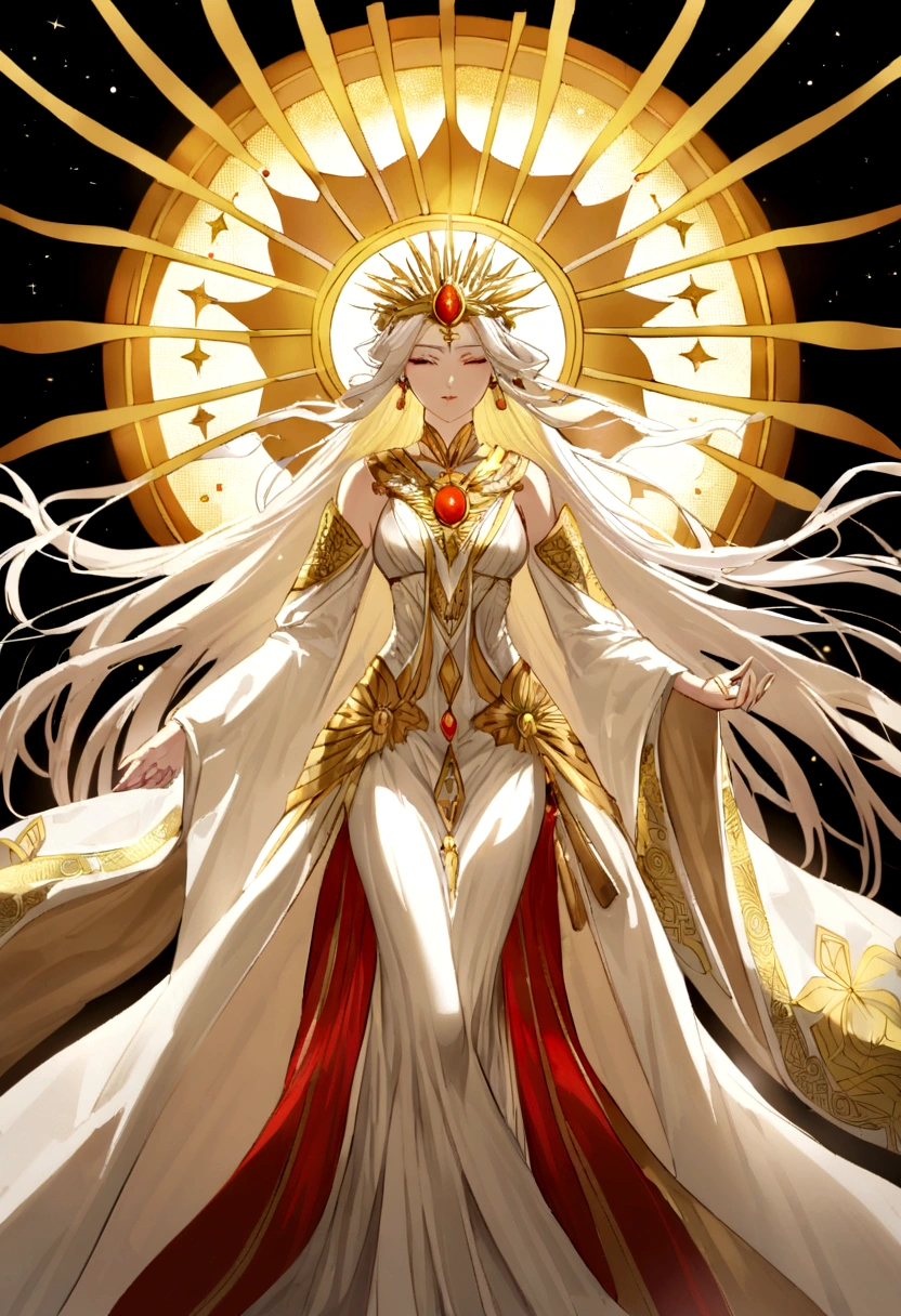 Amaterasu, the Sun Goddess, radiates with celestial brilliance and serene beauty. Her presence is ethereal, wrapped in flowing robes of shimmering white and gold that seem to glow with an inner light, symbolizing the radiance of the sun. Her long, flowing hair cascades like liquid gold, adorned with delicate floral ornaments and celestial jewels that sparkle with divine energy. Amaterasu's eyes, the color of warm amber, reflect wisdom and tranquility, mirroring the calm and nurturing aspect of her divine nature.

She carries in her hand the Yata no Kagami, a sacred mirror that reflects truth and purity, embodying her role as a bringer of clarity and enlightenment. Around her shoulders, she wears a celestial shawl embroidered with motifs of the sun and celestial bodies, symbolizing her dominion over the heavens. Amaterasu moves with graceful elegance, her every gesture imbued with grace and dignity, embodying the benevolent power of the sun and its life-giving warmth.