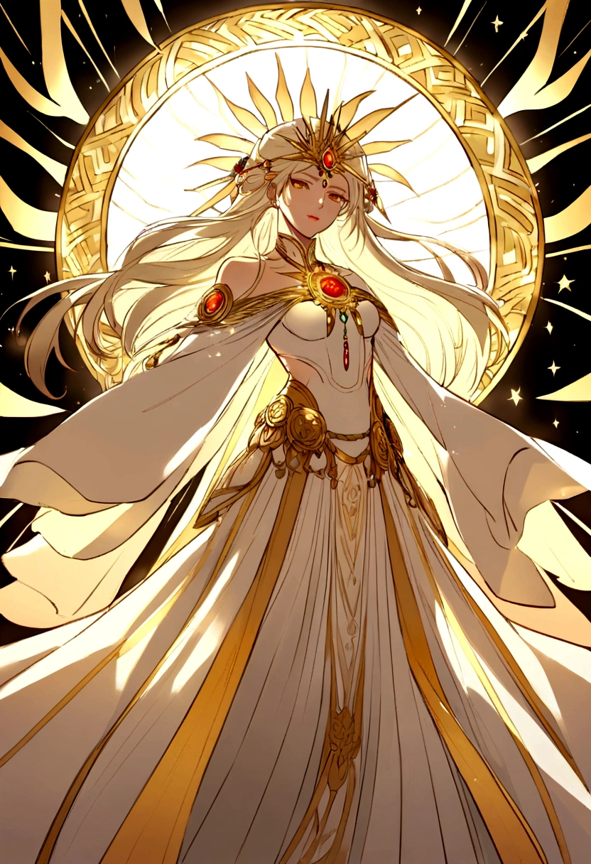 Amaterasu, the Sun Goddess, radiates with celestial brilliance and serene beauty. Her presence is ethereal, wrapped in flowing robes of shimmering white and gold that seem to glow with an inner light, symbolizing the radiance of the sun. Her long, flowing hair cascades like liquid gold, adorned with delicate floral ornaments and celestial jewels that sparkle with divine energy. Amaterasu's eyes, the color of warm amber, reflect wisdom and tranquility, mirroring the calm and nurturing aspect of her divine nature.
She carries in her hand the Yata no Kagami, a sacred mirror that reflects truth and purity, embodying her role as a bringer of clarity and enlightenment. Around her shoulders, she wears a celestial shawl embroidered with motifs of the sun and celestial bodies, symbolizing her dominion over the heavens. Amaterasu moves with graceful elegance, her every gesture imbued with grace and dignity, embodying the benevolent power of the sun and its life-giving warmth.