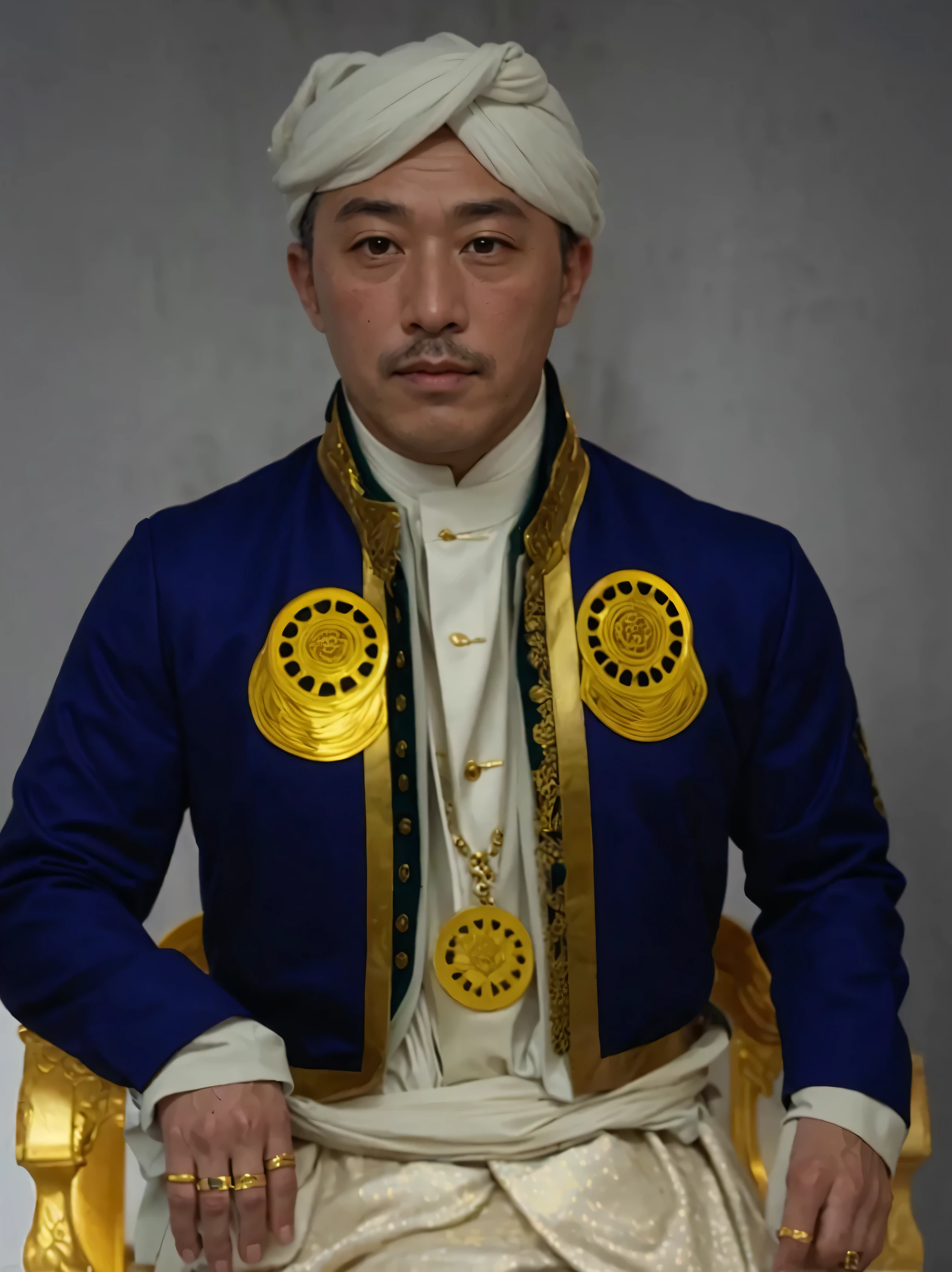 Make this photo look realistic and detailed, there is a man in a turban and a green shirt, 48 years old man, inspired by Altoon Sultan, ottoman sultan, close portrait, historic portrait, raden saleh, portrait of a yari ashigaru, 1 8 0 0 s soldier, portrait n - 9, restored color, portrait image, realistic restored face, portrait still detailed, very detailed potrait, realistic portrait photo, close up potrait, profile portrait, very detailed face, very realistic face, very perfected face, very detailed clothes, very realistic clothes, very perfected clothes