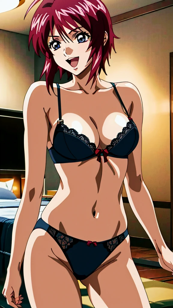 (masterpiece, 4K, Highest quality, anime style: 1.9, Detailed face, Lovely, bold, High resolution, anime, alone, Curvaceous, Thighs, Cleavage, Center of chest, Very slim belly, Cowboy Shot, short hair, Ahoge, Redhead, Purple eyes, Purple Hair,1 Girl、smile,Open your mouth wide,Sexy Lingerie.indoor,Love Hotel,Thong