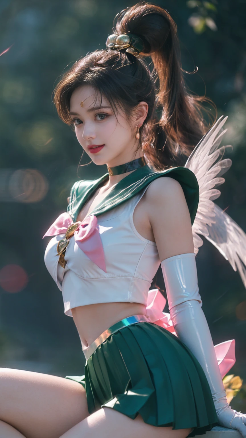 full: 1.3, stand, Tabletop, 。.3d, Realistic, Ultra-fine photography, Highest quality, Ultra High Definition CG Unity 8k Wallpapers, ((A gorgeous golden tiara on her forehead: 1.4, Shiny Green Pleated Mini Skirt: 1.2, Green pre-gate mini skirt: 1.1,Sleeveless,Bare skin upper arm, 胸に大きなPink ribbon: 1.4, Green gloves on elbows: 1.1, Green Large Color, Green sailor collar, 緑のbrooch)), From below, Intricate details, (1 female), 20-year-old, (Ham Jupiter, Green Eyes, ponytail, Tierra, jewelry, Sailor Warrior Uniforms, Green sailor collar, choker, Elbow Groove, White gloves, Pink ribbon, brooch, White leotard, Green Skirt, Pleated skirt,Mei Xiaof
), ((シングルponytail)), Incredibly long brown hair: 1.2, Beautiful shiny straight long brown hair: 1.2, Sailor Jupiter Uniform, (Sailor Warrior Uniforms, Exposing the upper arm: 1.1, Long white latex gloves with luxurious gold decoration: 1.3, 腰の後ろに非常に大きなPink ribbon: 1.1, Green choker, Cleavage is sexily boldly large, Gold ring earrings, Glossy green long knee high boots with luxurious gold décor), (Ultra-thin, high-gloss white holographic leather: 1.3), Bold and sexy slender high leg gravet swimsuit, (Combat Stance),
((Captivating smile, Very cute face, Facial details: 1.5, Bright green eyes, Beautiful Face, Beautiful Eyes, Shining Eyes, Thin lips: 1.3, Thin, sharp, pale eyebrows, Long, black eyelashes, Double eyelashes)), Gorgeous giant white wings, Muscular: 1.2, Muscular腹筋: 1.2, Small Face, Huge breasts, Tall、Perfect balance, Narrow waist, Sexy model posing, Perfect hands in visible pores: 1.5, Octane Rendering, A very dramatic picture, Strong natural light, sunlight, Exquisite lighting and shadows, Dynamic Angle, DSLR Harp, concentrated: 1.0, Maximum clarity and sharpness, (Dynamic Lightning Background, The divinity of the forest, Lightning space background, Jupiter, moonlight, moon, Dynamic Background, Detailed Background),(mecha musume)