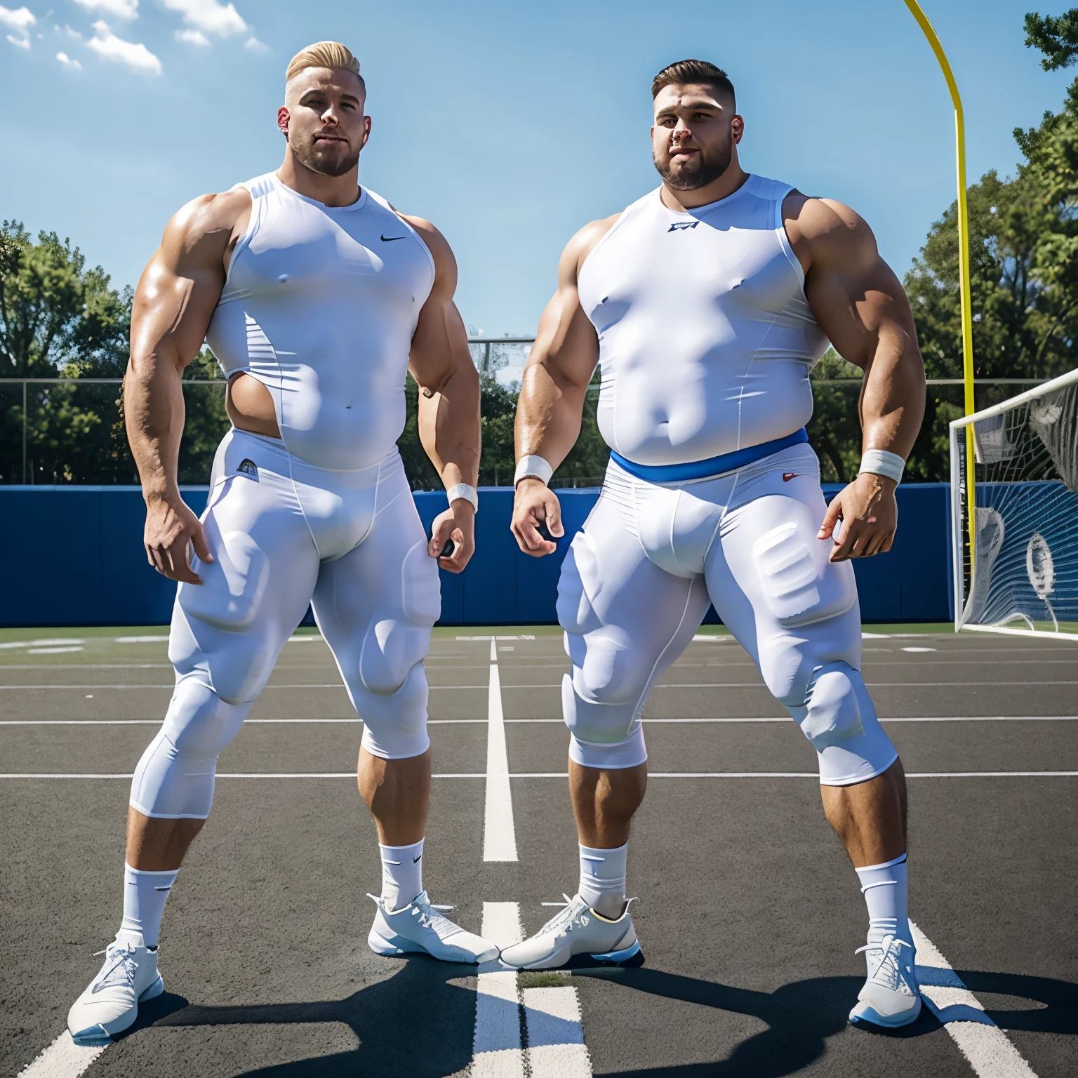 full view full body, two white monstruously over-muscular college football white european blonde handsome white young linemen with blonde undercut haircuts, over-inflated and over-bloated shoulders, abs, pecs, biceps and legs, wearing blue shiny lycra skinsuits, long white thin socks and chunky white Balenciaga sneakers, golden rings, flex off after working out as they show off their incredibly insane monstruous over-infklated massive bodies and over-muscular bloated bodies, interior basketball yard
