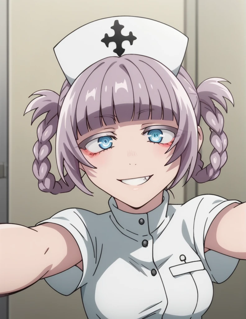 score_4, score_5, score_6, score_9, score_8_up, score_7_up,  source_anime, nazunaxl, nurse, nurse cap, braided hair rings, purple hair, blue eyes, hair rings, dress, short sleeves, ringed eyes, breasts, blunt bangs, purple hair, white dress, pov, selfie, smile, hospital, indoors, looking at viewer,  fang,  fine anime screencap_xl, anime_screencap