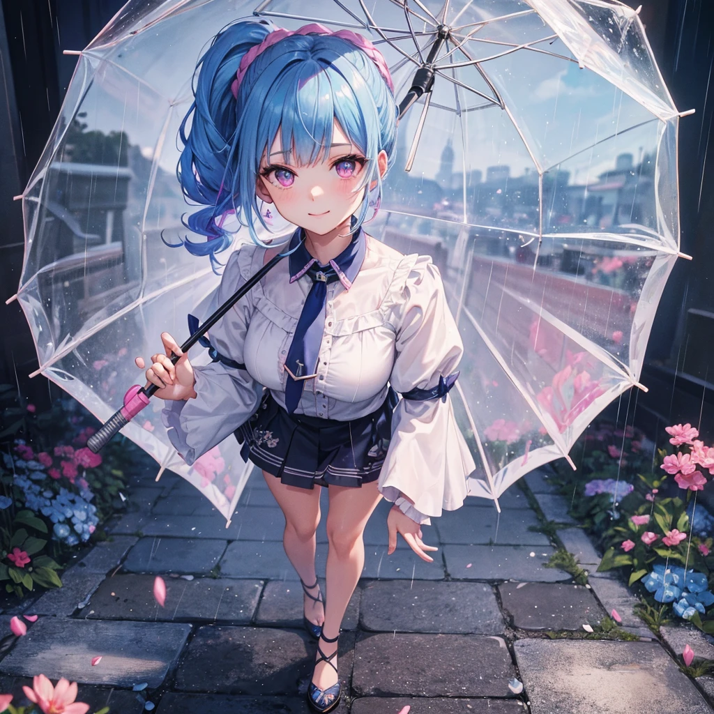 sky Blue hair, (braided ponytail),(pink eyes),fair skin ,(full body),(1 girl),smile,Straight Bangs,(masterpiece, best quality, ultra-detailed, best shadow), (detailed background), (beautiful detailed face), high contrast, (best illumination, an extremely delicate and beautiful), ((cinematic light)), colorful, hyper detail, dramatic light, intricate details,Walking in the rain with an umbrella,noon,colorful umbrella,bright, Raindrops, rain shower,