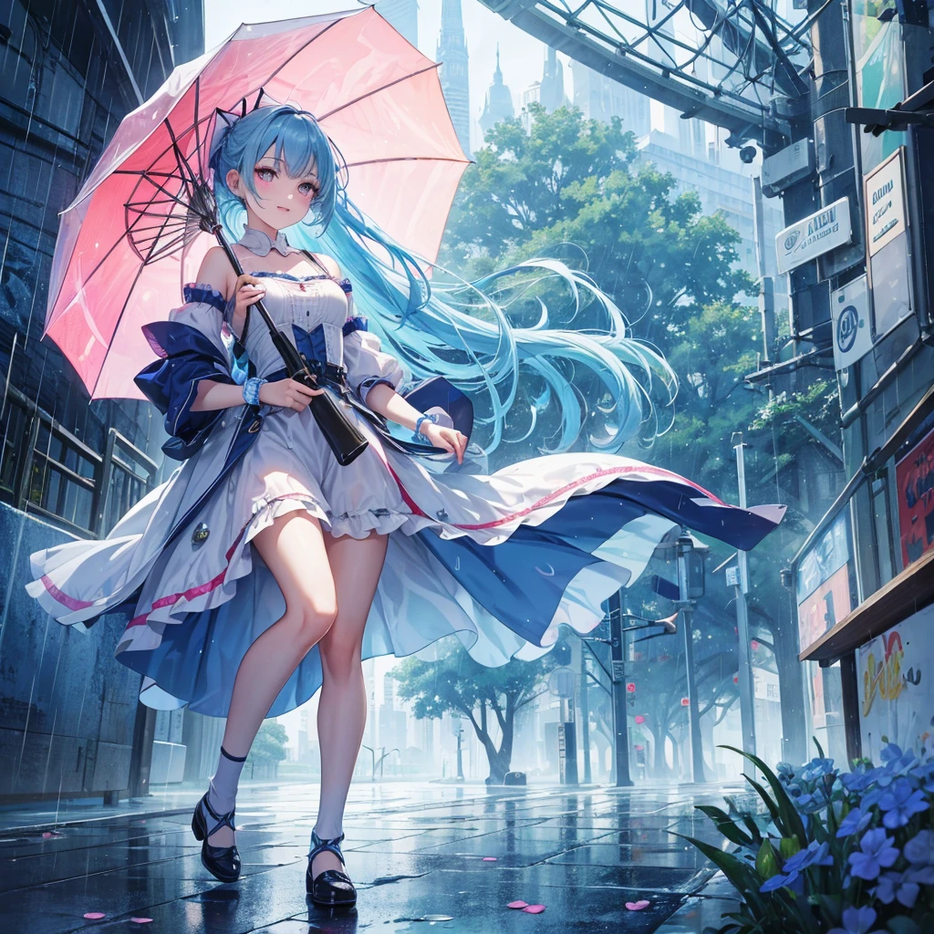 sky Blue hair, (braided ponytail),(pink eyes),fair skin ,(full body),(1 girl),smile,Straight Bangs,(masterpiece, best quality, ultra-detailed, best shadow), (detailed background), (beautiful detailed face), high contrast, (best illumination, an extremely delicate and beautiful), ((cinematic light)), colorful, hyper detail, dramatic light, intricate details,Walking in the rain with an umbrella,noon,colorful umbrella,bright, Raindrops, rain shower,