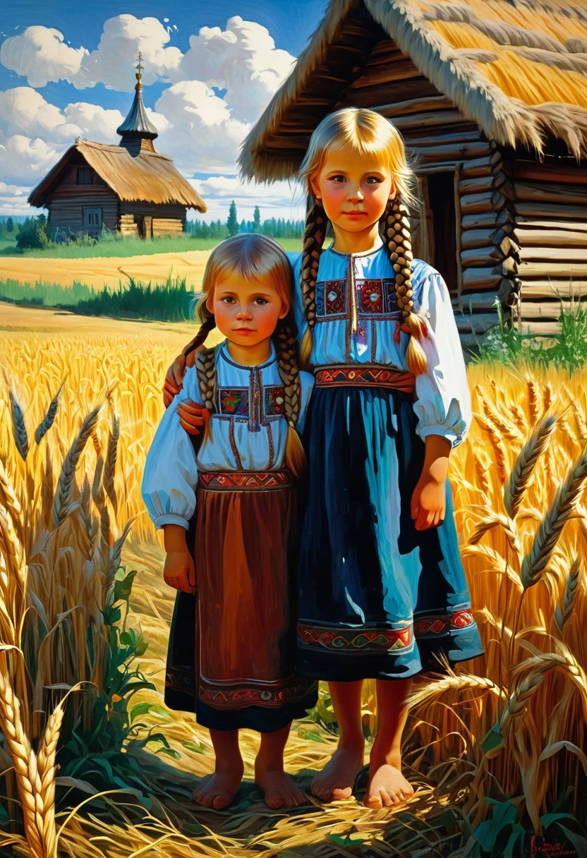 painting of two children in a field, beautiful sister with long Russian braid, holding little brother standing next to her, far in the background wooden hut, Slavic folk tale, Igor Grabar, traditional Russia, Mikhail Lebedev, Russian folk tale, Andrei Ryabushkin, on a wheat field, by Nadya Rusheva, Vladimir Baranov-Rossin, Slavic style, Laszlo Balogh