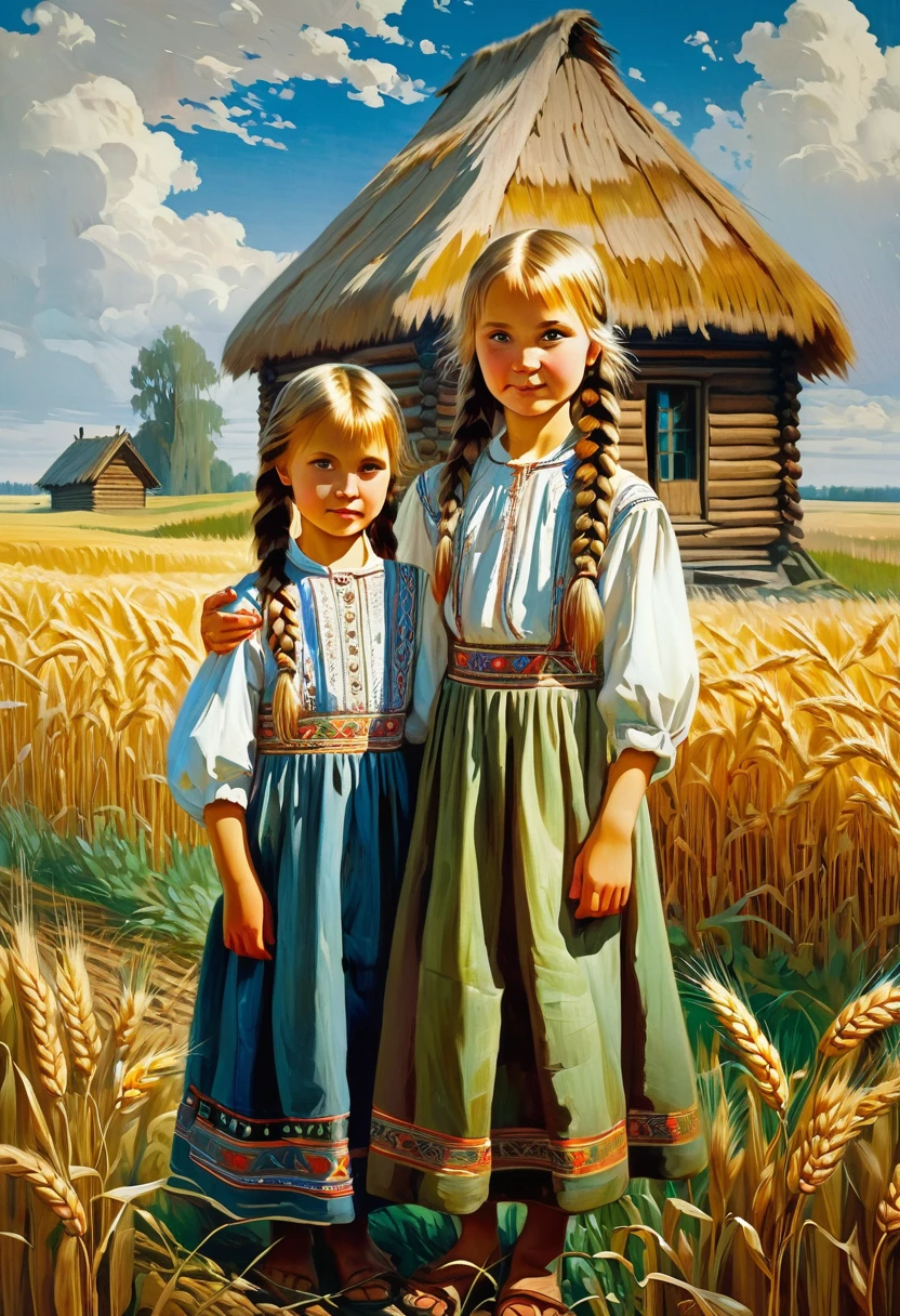 painting of two children in a field, beautiful sister with long Russian braid, holding little brother standing next to her, far in the background wooden hut, Slavic folk tale, Igor Grabar, traditional Russia, Mikhail Lebedev, Russian folk tale, Andrei Ryabushkin, on a wheat field, by Nadya Rusheva, Vladimir Baranov-Rossin, Slavic style, Laszlo Balogh