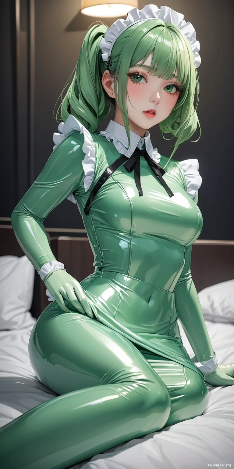 Portraiture、(masterpiece,Highest quality,Ultra-high resolution),Japanese women, (((Very beautiful 25 year old girl))),(Pale green latex maid outfit)、(Pale green latex long skirt)、(A long-sleeved latex shirt that covers the upper body)、Pale green latex gloves、Pale green latex socks、Pale green latex bodysuit、Frills、The clothes fit snugly to the body、Latex is very shiny、Dark Room、