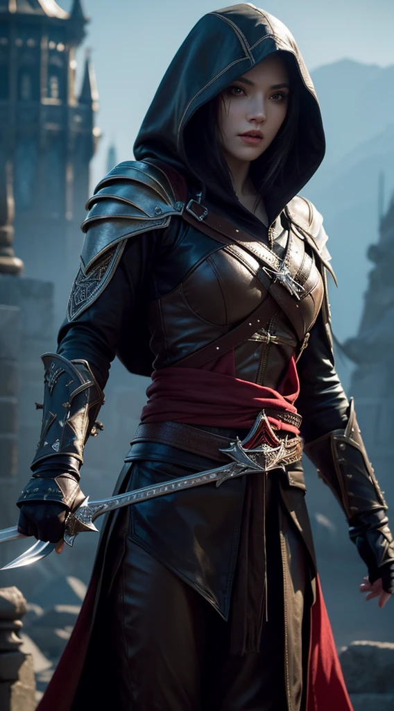 1 beautiful woman, assasin creed, elegant assassin, cinematic lighting, intricate details, dramatic pose, leather outfit, hooded cloak, detailed facial features, intense eyes, sharp sword, medieval castle background, fantasy art, muted color palette, dramatic chiaroscuro lighting