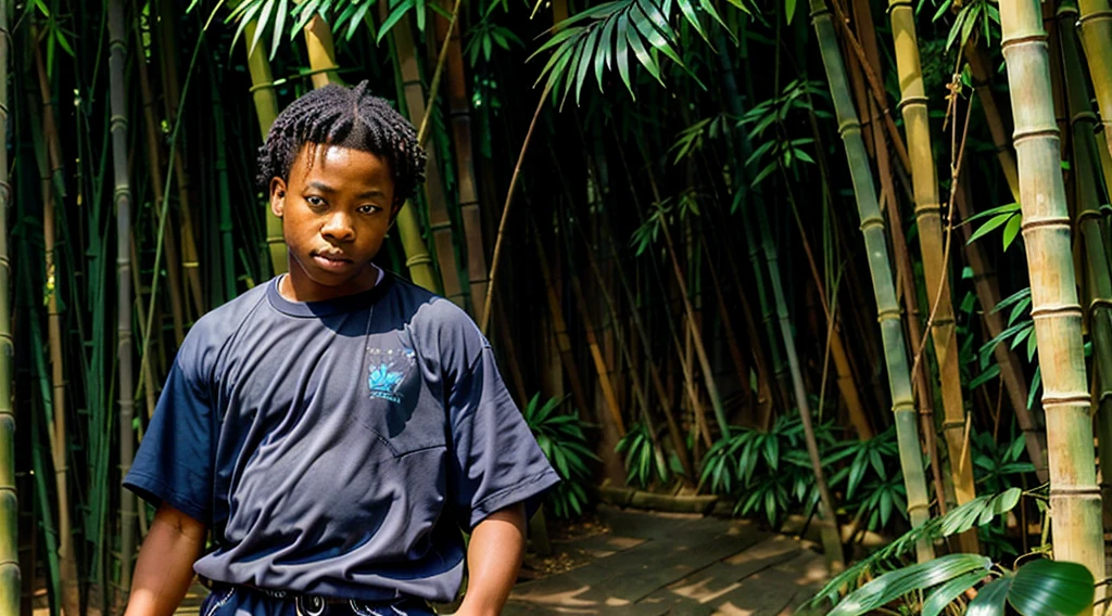 444 / 5.000
image of a black male ager, 12 yearing a dark gray long-sleeved shirt = no pattern - short curly hair - long pants and straw sandals, - looking sideways at the bamboo grove, - running freely with his back to the camera - alone on the trail - Image of Blue morpho butterflies - runs after the butterfly flying next to species butterfly flying - - Blue morpho - butterfly flying next to and - bamboo forest