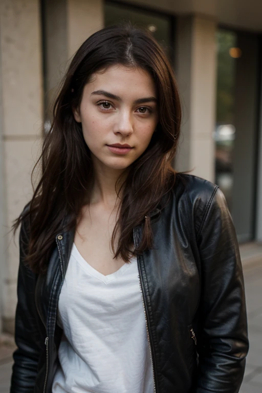 photography of a 20yo woman, perfect face, masterpiece, leather jacket,