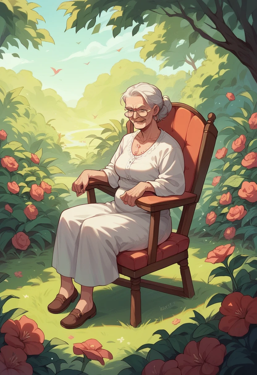 Old woman sitting in a rocking chair With the flowers in the old woman&#39;s lap and her eyes closed