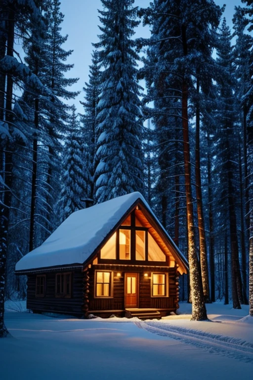 (realistic) wooden house in the winter forest, night