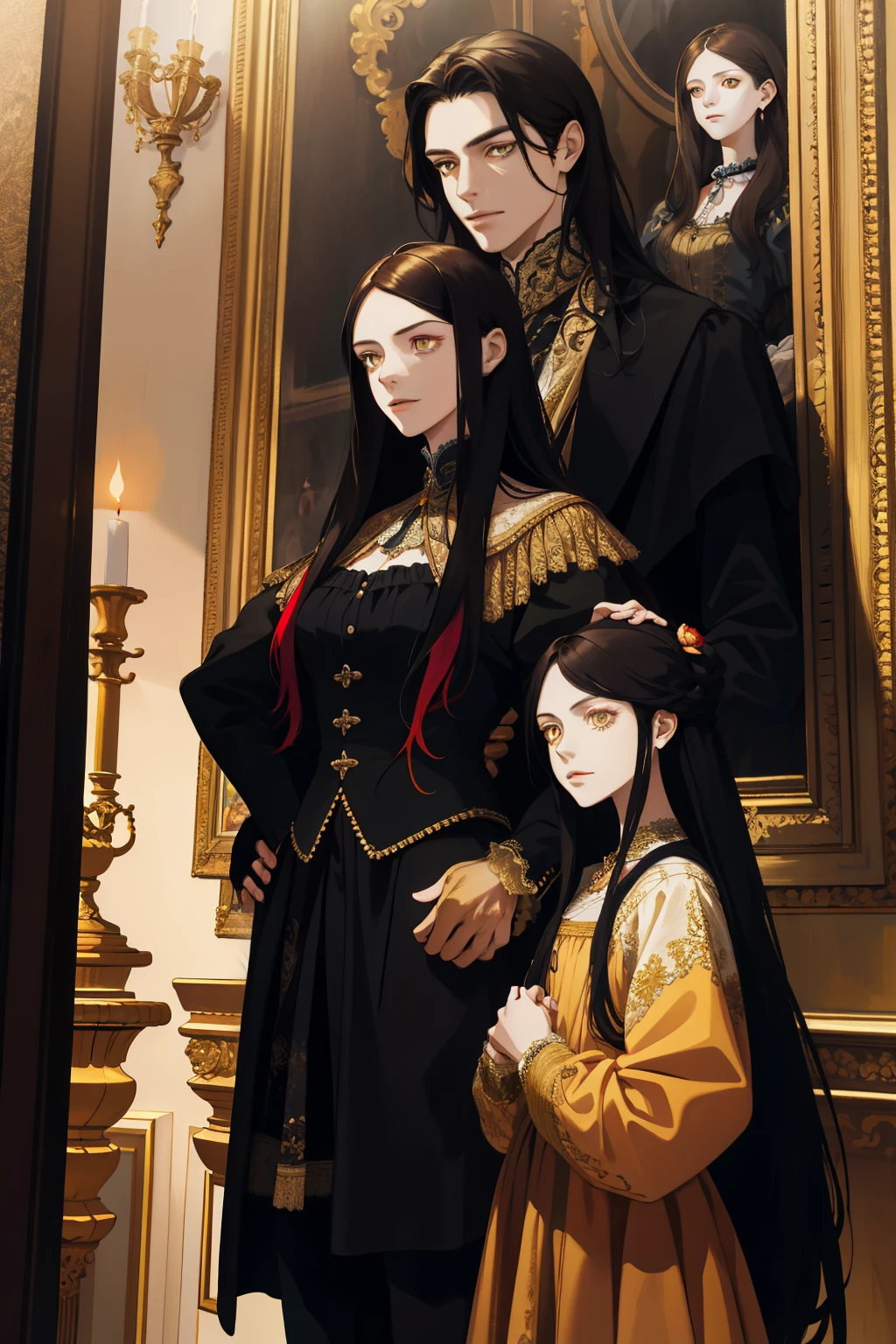 A highly detailed, absurd portrait of a family, a painting on the wall, 1girl with long dark hair and golden eyes standing beside another girl, 3people standing together, extremely detailed faces, intricate clothing, dramatic lighting, vibrant colors, photorealistic, masterpiece, renaissance style, dramatic composition, chiaroscuro lighting, oil painting
