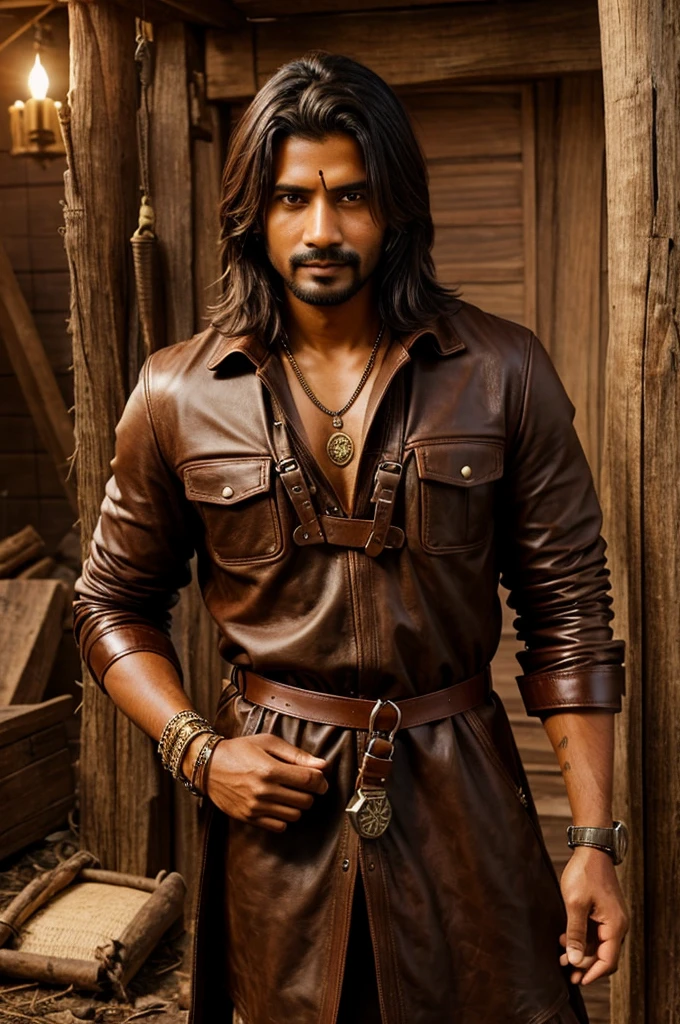 He is toll smart treasure hunter Indian age 32 and with survival tools leather treasure hunter dress