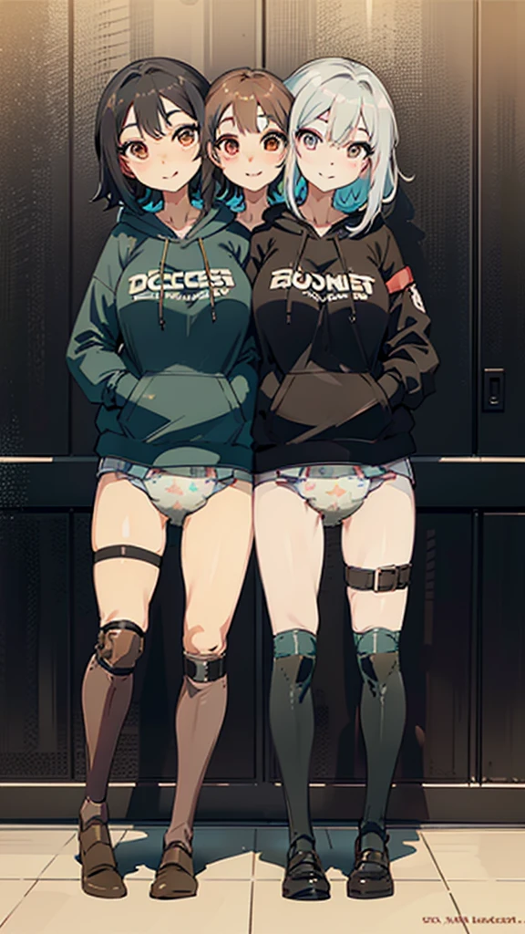 (masterpiece, best quality), best resolution, (two heads:1.5), anime girl with two heads, (conjoined_dicephalus:1.3), brown and black hair, short hair, multicolored eyes, stern, braids, (diaper:1.2), hoodie, dyed hair, facing viewer, smile, knee brace