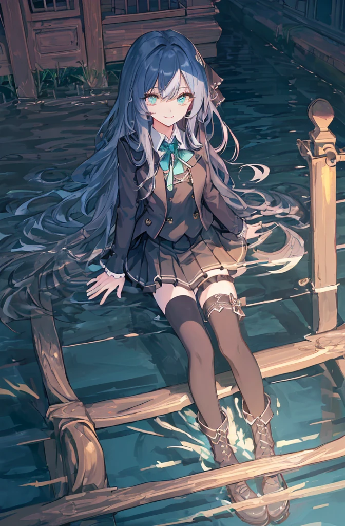 underground waterway background,original,(illustration:1.1),(best quality),(masterpiece:1.1),(extremely detailed CG unity 8k wallpaper:1.1), (colorful:0.9),(mid shot:0.95),(highly detailed beautiful face and body),(solo:1.2), (girl),(((adult))), (detailed beautiful eyes:1.15), (beautiful face:1.15), (glowing green eyes:1.25////),((jewel-like eyes)),(petite),(cute girl),(((blue long hair))),((blue long hair)),(wavy hair),((wavy hair)),(+perfect hand+:1.21),(gothic school uniform),(Religious),(slender),(black clothes),(gothic ribbon),ribbon tie,small breasts,miniskirt,gothic boots,black thighhighs,slim body,(evil smile),detailed background,underground waterway,((dark place)),((dark place)),((dark place)),((dark place)),((Dark underground canals where light does not reach)),eluding,erotic thighs,