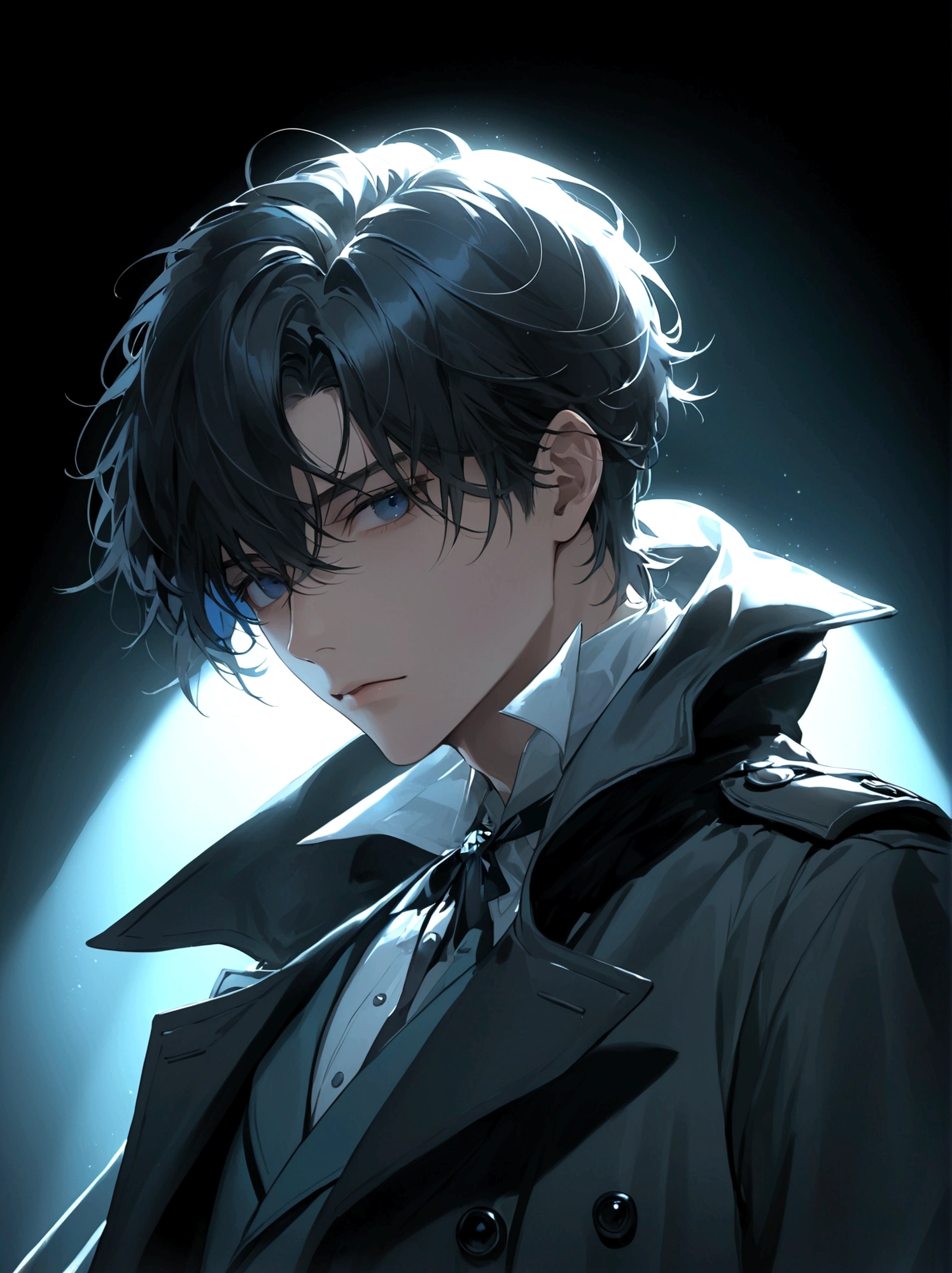 Exquisite facial features,Young male,Black trench coat