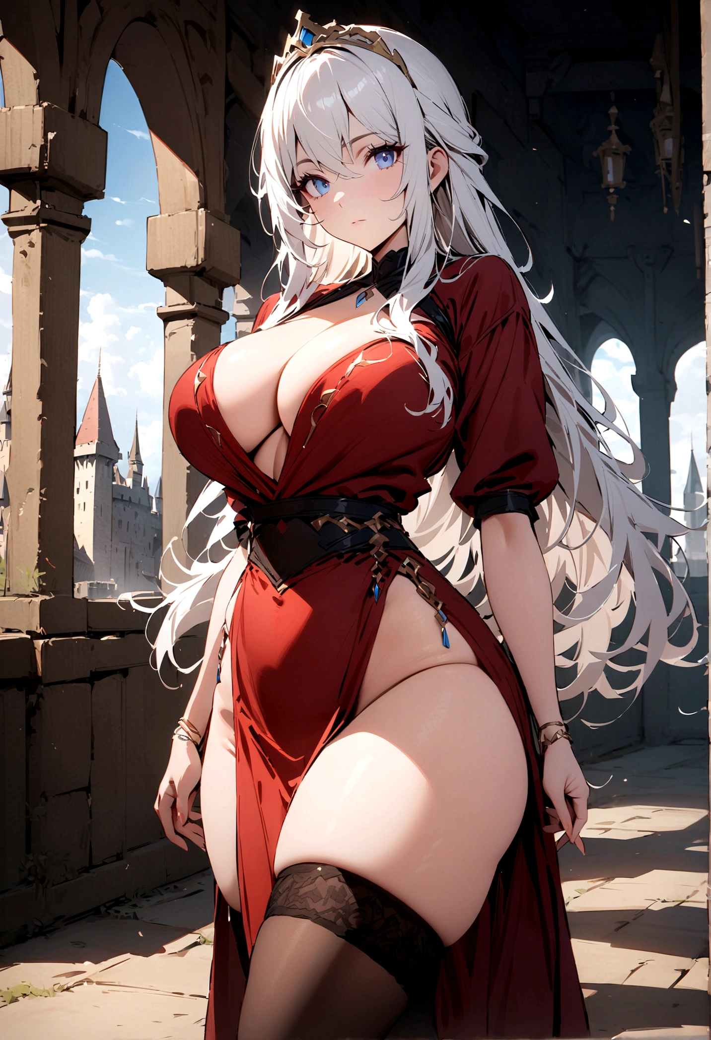 milf, 30 years old, (highres, masterpiece:1.2), white hair, robe, red robe, (large breasts), thick thighs, standing, pelvic curtain, tiara, thighhighs, v-neck, strapless dress, blue eyes, expressionless, long hair, castle in background, balcony