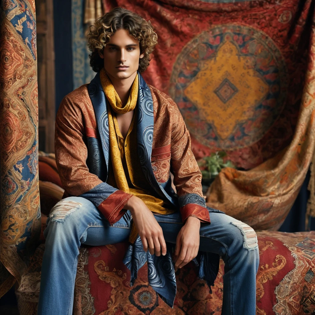 Two male models are posing in a richly decorated environment that evokes a vintage and bohemian vibe. The standing model is positioned on the left, wearing a blue denim kimono-style jacket adorned with intricate ethnic patterns and distressed edges. Underneath, he has a loose-fitting rust-colored shirt, accessorized with layered necklaces and a mustard yellow scarf tied around his neck. He pairs this with light-washed, slightly flared jeans and woven brown shoes. His curly hair adds to the laid-back, retro aesthetic. The seated model on the right is dressed in a mustard-colored, short-sleeved shirt with red details at the sleeves, paired with distressed jeans featuring patchwork and embroidery. He completes his look with a long, patterned scarf draped around his neck. His wavy hair cascades around his face, enhancing the 70s vibe.
The setting is an indoor space with an opulent backdrop of tapestries and textiles featuring floral and geometric patterns, predominantly in shades of red, blue, and cream. The walls and ceiling are draped with these richly decorated fabrics, creating an immersive, eclectic atmosphere. There are large potted plants adding a touch of greenery, and the floor is layered with various rugs and cushions in complementary patterns, providing a cozy, layered texture to the scene. The composition is balanced with the standing model on the left and the seated model on the right, creating a dynamic visual flow. The lighting is soft and diffused, enhancing the textures and colors of the fabrics and the models' outfits. This lighting setup suggests a late afternoon or indoor studio environment, with light filtering through curtains or softboxes to avoid harsh shadows. The photograph appears to be taken with a medium format camera, which captures high detail and depth. A slight upward angle is used to emphasize the height and presence of the standing model while keeping the seated model within the frame. 