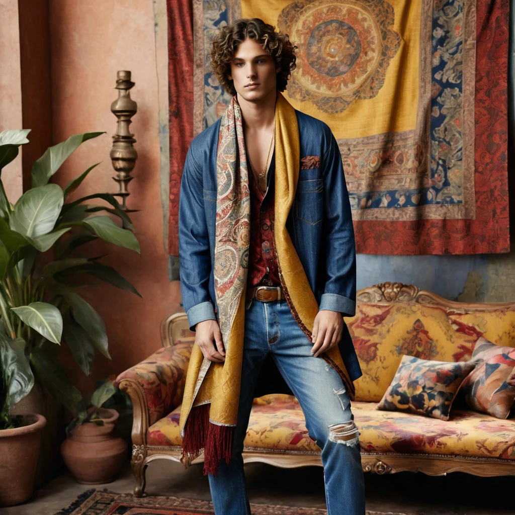 Two male models are posing in a richly decorated environment that evokes a vintage and bohemian vibe. The standing model is positioned on the left, wearing a blue denim kimono-style jacket adorned with intricate ethnic patterns and distressed edges. Underneath, he has a loose-fitting rust-colored shirt, accessorized with layered necklaces and a mustard yellow scarf tied around his neck. He pairs this with light-washed, slightly flared jeans and woven brown shoes. His curly hair adds to the laid-back, retro aesthetic. The seated model on the right is dressed in a mustard-colored, short-sleeved shirt with red details at the sleeves, paired with distressed jeans featuring patchwork and embroidery. He completes his look with a long, patterned scarf draped around his neck. His wavy hair cascades around his face, enhancing the 70s vibe.
The setting is an indoor space with an opulent backdrop of tapestries and textiles featuring floral and geometric patterns, predominantly in shades of red, blue, and cream. The walls and ceiling are draped with these richly decorated fabrics, creating an immersive, eclectic atmosphere. There are large potted plants adding a touch of greenery, and the floor is layered with various rugs and cushions in complementary patterns, providing a cozy, layered texture to the scene. The composition is balanced with the standing model on the left and the seated model on the right, creating a dynamic visual flow. The lighting is soft and diffused, enhancing the textures and colors of the fabrics and the models' outfits. This lighting setup suggests a late afternoon or indoor studio environment, with light filtering through curtains or softboxes to avoid harsh shadows. The photograph appears to be taken with a medium format camera, which captures high detail and depth. A slight upward angle is used to emphasize the height and presence of the standing model while keeping the seated model within the frame. 
