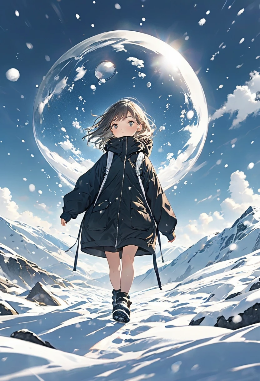 A girl in a black windbreaker is walking slowly in the snowy mountains，snow（（best quality））， （（Intricate details））， （（Surrealism））