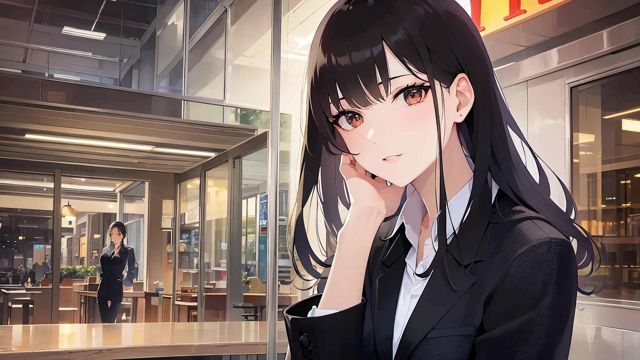 looking away、cheek rest、
Realistic, real person, (pale skin: 1.2), RAW photo, photorealistic, shiny skin, shiny hair、 (A 35-year-old woman with medium-length hair and bangs) and (wavy hair) and (brown hair) and (Orange Eyes)
(Wearing a business suit:1.5) and (Wearing a white collared shirt) 、
Wistful look,The background is the interior of a restaurant at night.、Wearing a black jacket