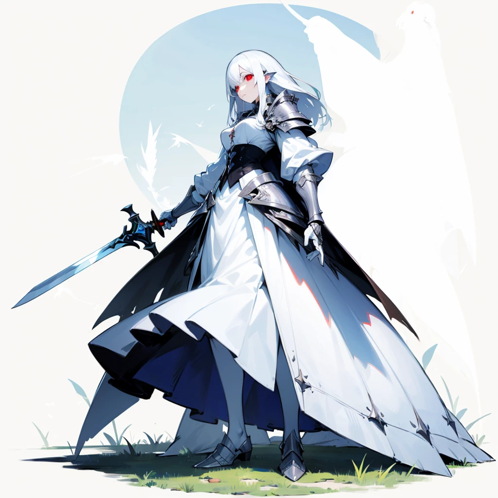 (Random Evolution, Colossal white bird mixed Vampire), silver armor body, (carrying a sword), full body version, (silver hands),  full blue colour skins, (red eyes), (Grassroots), no background