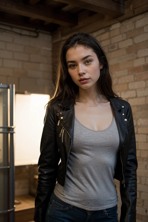 photography of a 20yo woman, perfect face, masterpiece, leather jacket, black jean