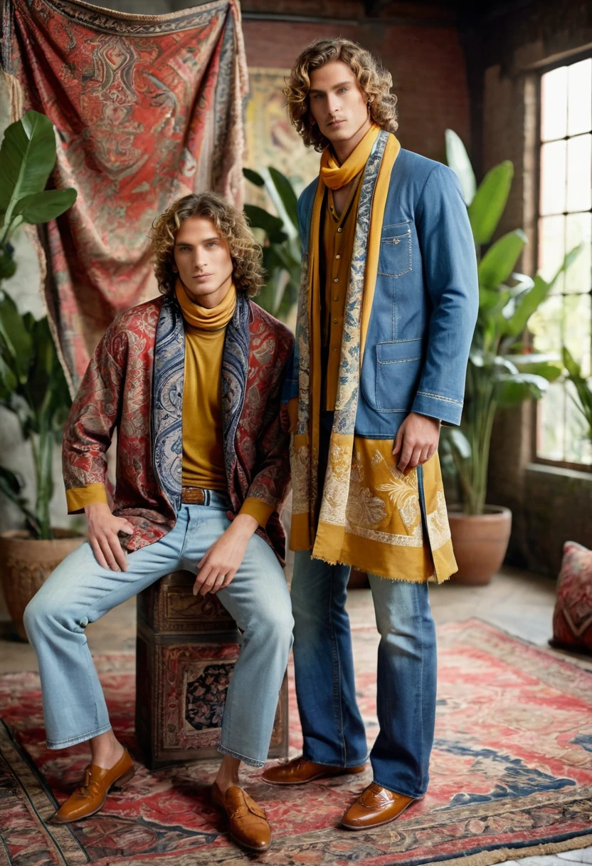 Two male models are posing in a richly decorated environment that evokes a vintage and bohemian vibe. The standing model is positioned on the left, wearing a blue denim kimono-style jacket adorned with intricate ethnic patterns and distressed edges. Underneath, he has a loose-fitting rust-colored shirt, accessorized with layered necklaces and a mustard yellow scarf tied around his neck. He pairs this with light-washed, slightly flared jeans and woven brown shoes. His curly hair adds to the laid-back, retro aesthetic. The seated model on the right is dressed in a mustard-colored, short-sleeved shirt with red details at the sleeves, paired with distressed jeans featuring patchwork and embroidery. He completes his look with a long, patterned scarf draped around his neck. His wavy hair cascades around his face, enhancing the 70s vibe.
The setting is an indoor space with an opulent backdrop of tapestries and textiles featuring floral and geometric patterns, predominantly in shades of red, blue, and cream. The walls and ceiling are draped with these richly decorated fabrics, creating an immersive, eclectic atmosphere. There are large potted plants adding a touch of greenery, and the floor is layered with various rugs and cushions in complementary patterns, providing a cozy, layered texture to the scene. The composition is balanced with the standing model on the left and the seated model on the right, creating a dynamic visual flow. The lighting is soft and diffused, enhancing the textures and colors of the fabrics and the models' outfits. This lighting setup suggests a late afternoon or indoor studio environment, with light filtering through curtains or softboxes to avoid harsh shadows. The photograph appears to be taken with a medium format camera, which captures high detail and depth. A slight upward angle is used to emphasize the height and presence of the standing model while keeping the seated model within the frame. 