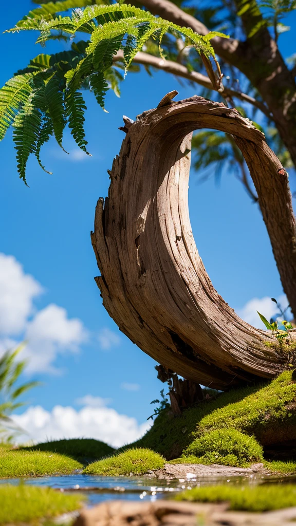 moss\(style\),(blue sky),clouble,sunlight,no humans,scenery,water,stone,tree-root carving,inverted image,day,moss,