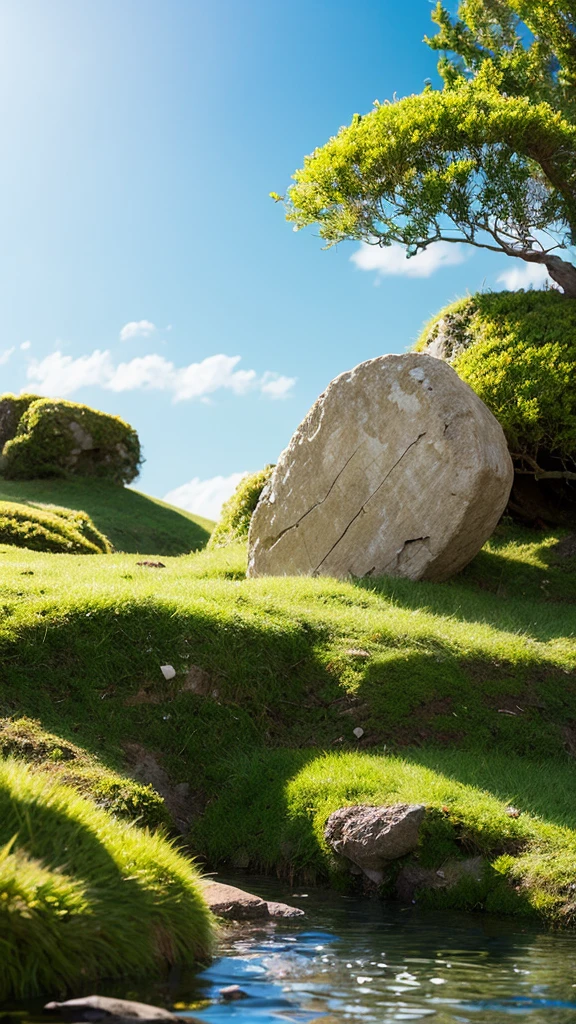 moss\(style\),(blue sky),clouble,sunlight,no humans,scenery,water,stone,tree-root carving,inverted image,day,moss,