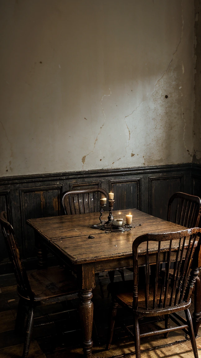 Desolate dining room, cracked wooden table with rickety chairs, antique candlesticks with melted candles, broken plates and rusty cutlery on the table, walls decorated with torn wallpaper, a wall clock stopped a long time ago, an unlit fireplace full of ashes and soot