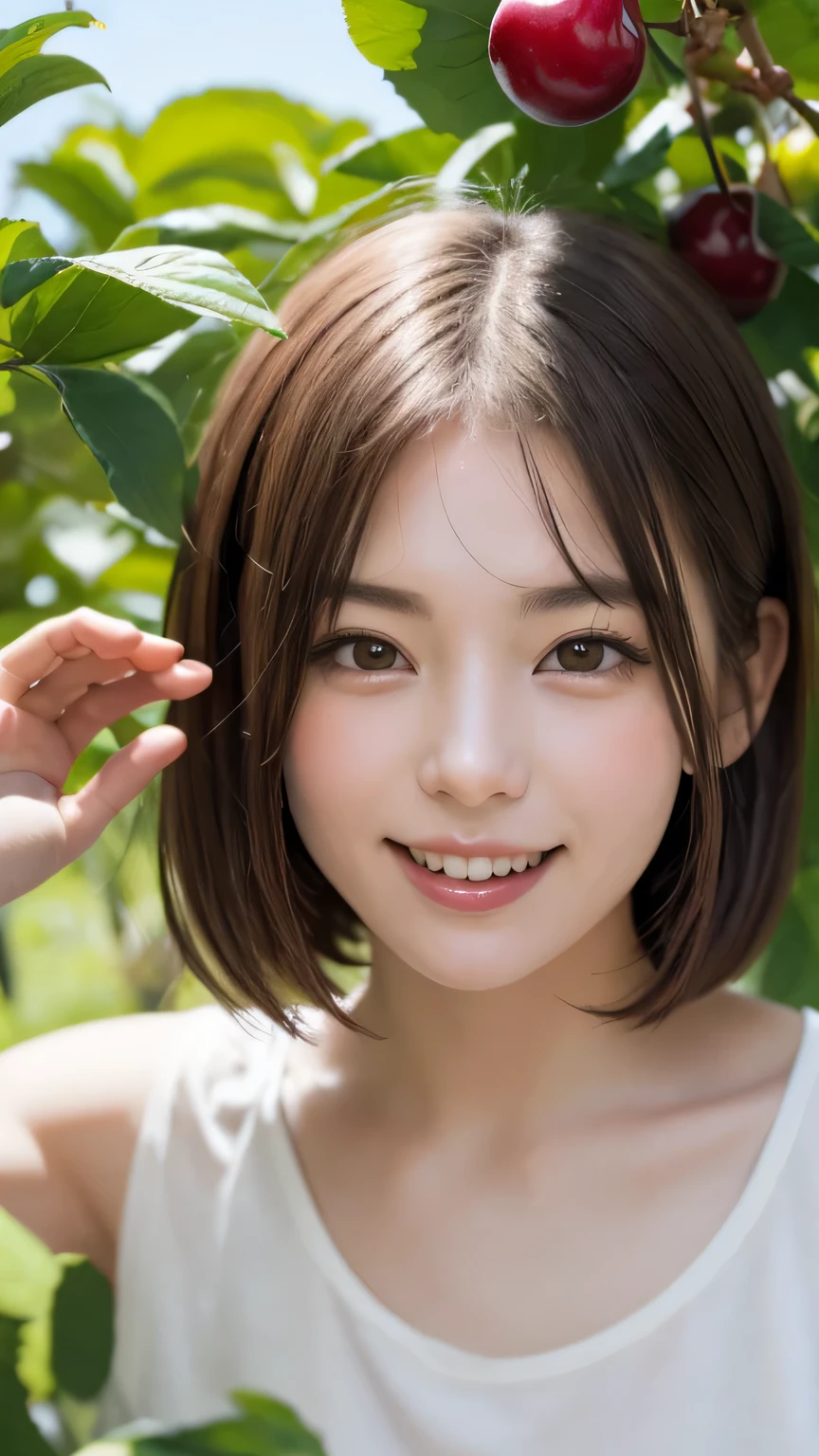 closeup shot , Best picture quality (8K, high resolution, Masterpiece: 1.2), super detailed, 215 Short Hair, 16-year-old woman,
situation: In the shade of the orchard、A scene of customers tasting freshly picked cherries on the spot。
clothing: Casual summer clothes、sunglasses、hat。
angle:
Close-up: The moment when the customer puts the cherry in their mouth、A detailed depiction of a person enjoying cherries。
Detailed depiction: The coolness of the shade、With the surrounding orchards as a backdrop、Emphasizing relaxation time in nature。
, Close-up of face
, random cute pose ,big eyes ,Puffy eyes , Heart Pupil, blush , huge shy smile , salute