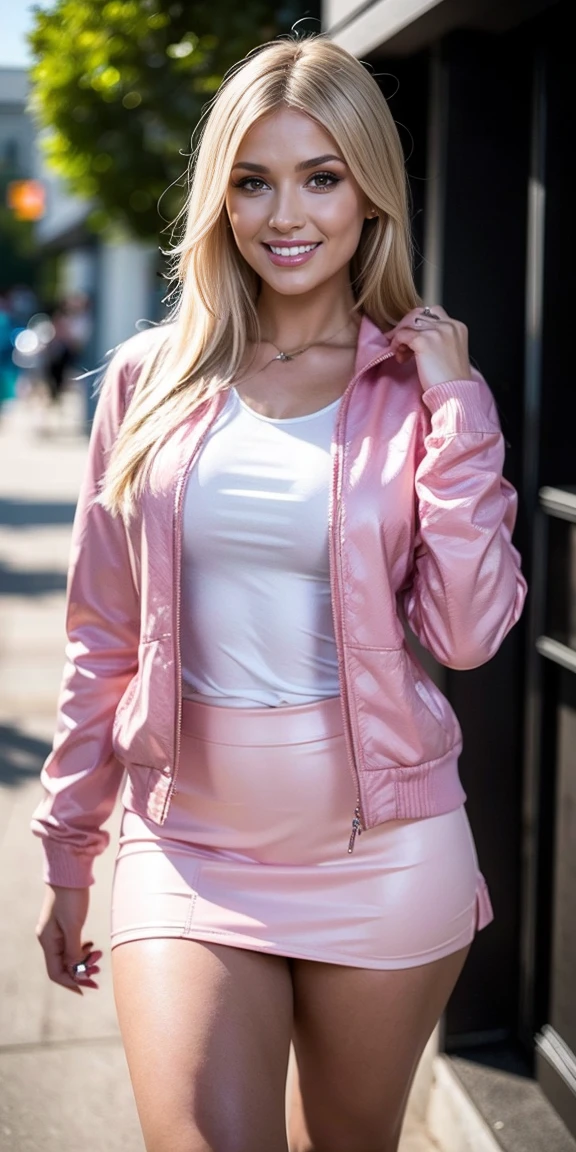 Allie Dunn, blond hair, (white T-shirt), (pink jacket), (pink skirt), (high heels), (perfect leggs), (whole body), (posing), (photo pose), (standing in town), (confident stance), (alluring allure), (impeccable craftsmanship), (exquisite attention to detail), (smile) (perfect smile), perfect lipps), (perfect teeth), (perfect smile), (irresistible sexiness), (designed to ignite passion), (undeniable sensuality). looking at viewer, smiling, masterpiece, best quality, highly detailed, (Beautiful and detailed eyes), (beautiful and detailed face), Perfect female body, (Best Quality), (ultra-detailed), (master piece), (high resolution), (Original), (the Extremely Detailed CG Unity 8K Wallpapers), big , perfect skin, perfect face, ultra realistic, sexy.