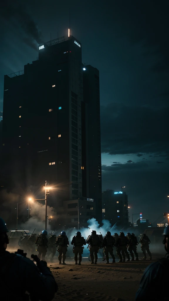 Captain Ahmed's small unit of 20 men held off the enemy forces for hours, but they were vastly outnumbered, 4k realistic imagery, blue scenery like a movie scene, old american setting, inspired by blade runner movie scene, blue tone,