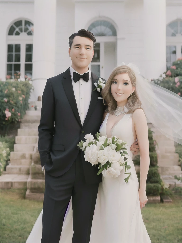 bride and groom posing for a photo in front of a white house, bride and groom, white suit and black tie, millaise and greg rutkowski, an elegant couple, kate oleska and jim kay, couple portrait, wearing a white tuxedo, by Bernie D’Andrea, wearing a tuxedo, tyler edlin and natasha tan, couples portrait, wearing tuxedo