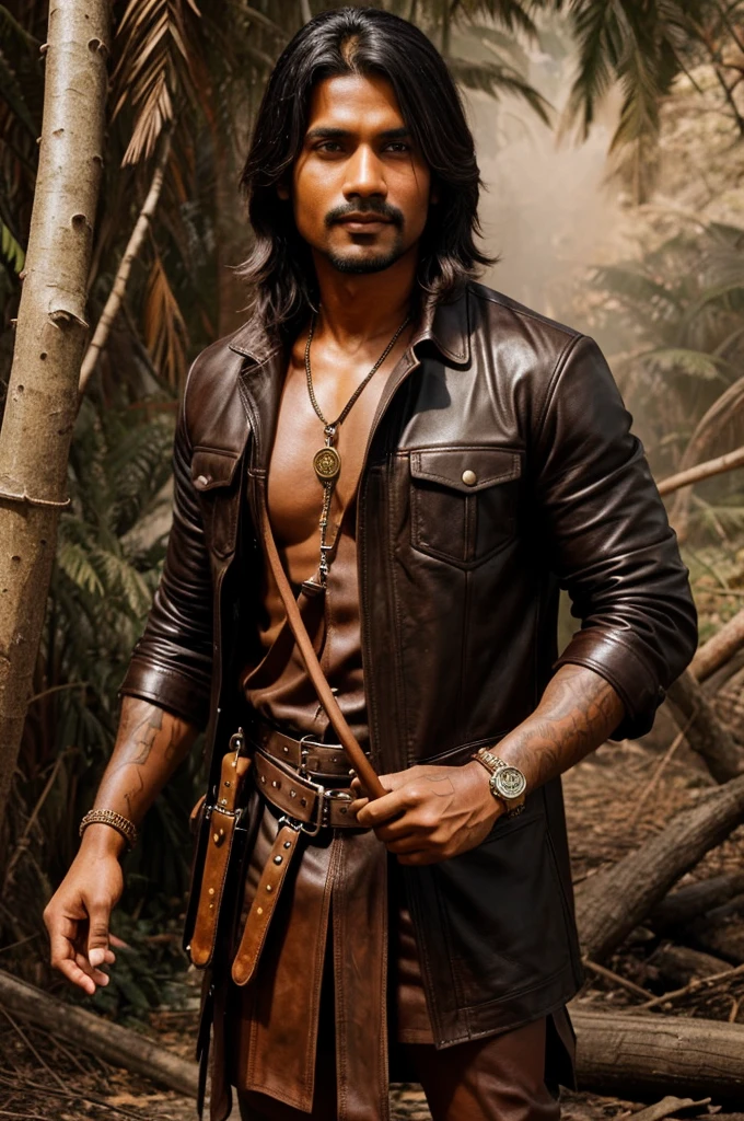 He is toll smart treasure hunter Indian age 32 and with survival tools leather treasure hunter dress