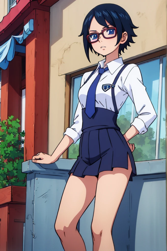smart nerdy anime girl, short loli with uniform and tie.