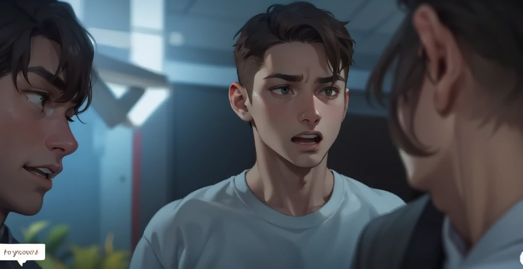 He is talking, he opens his mouth, he is scared and he is surprised, he asks for forgiveness, he has brown hair, he is 18 years old.