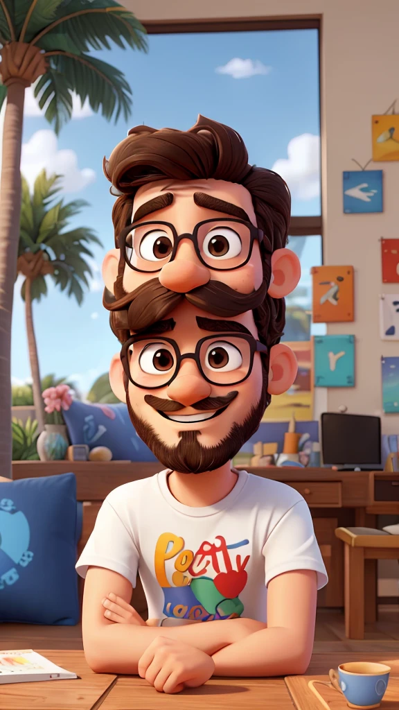 Create a vibrant Disney Pixar-style image of a smiling young man. He has a well-trimmed beard and mustache, short and curly hair, and is wearing round, thin-framed glasses. He wears a red t-shirt with a print of palm trees and an inscription. The young man is sitting on a comfortable dark gray sofa with soft cushions. No fundo, there is a white wall decorated with a colorful beach painting. The young man's expression is cheerful and friendly, transmitting happiness and human warmth. The color palette should be vivid and bright, with attention to detail to create a welcoming and lively atmosphere. The image should reflect Disney Pixar's signature style, with well-defined characters, expressive eyes and an environment rich in colors and details.