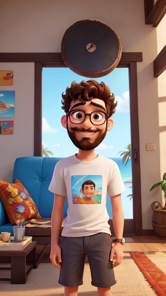 Create a vibrant Disney Pixar-style image of a smiling young man. He has a well-trimmed beard and mustache, short and curly hair, and is wearing round, thin-framed glasses. He wears a red t-shirt with a print of palm trees and an inscription. The young man is sitting on a comfortable dark gray sofa with soft cushions. No fundo, there is a white wall decorated with a colorful beach painting. The young man&#39;s expression is cheerful and friendly, transmitting happiness and human warmth. The color palette should be vivid and bright, with attention to detail to create a welcoming and lively atmosphere. The image should reflect Disney Pixar&#39;s signature style, with well-defined characters, expressive eyes and an environment rich in colors and details.