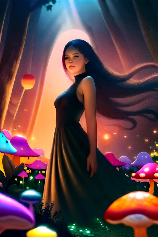 A beautiful girl in a magical forest, 1girl, photorealistic, intricate details, detailed face, glowing eyes, detailed skin, flowing hair, fantasy forest, lush vegetation, colorful mushrooms, sparkling fireflies, warm lighting, vibrant colors, cinematic composition, breathtaking landscape, award-winning digital art