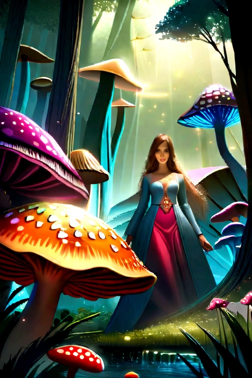 A beautiful girl in a magical forest, 1girl, photorealistic, intricate details, detailed face, glowing eyes, detailed skin, flowing hair, fantasy forest, lush vegetation, colorful mushrooms, sparkling fireflies, warm lighting, vibrant colors, cinematic composition, breathtaking landscape, award-winning digital art
